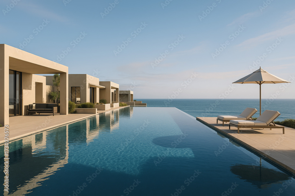 Obraz premium Luxury resort with infinity pool overlooking ocean, minimalist modern design