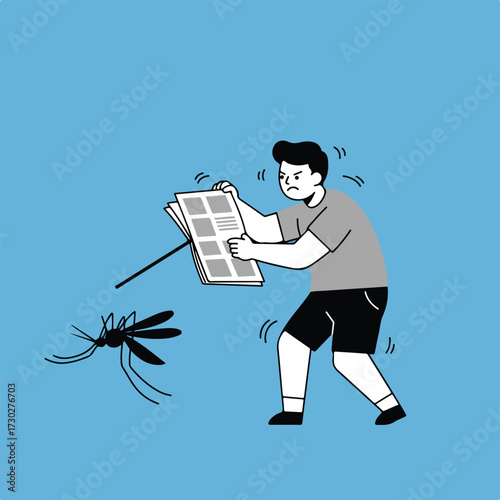 Cartoon man swats a mosquito with newspaper on a blue background