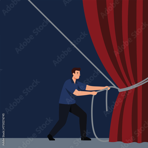 Man pulls stage curtain open with ropes against a dark blue background