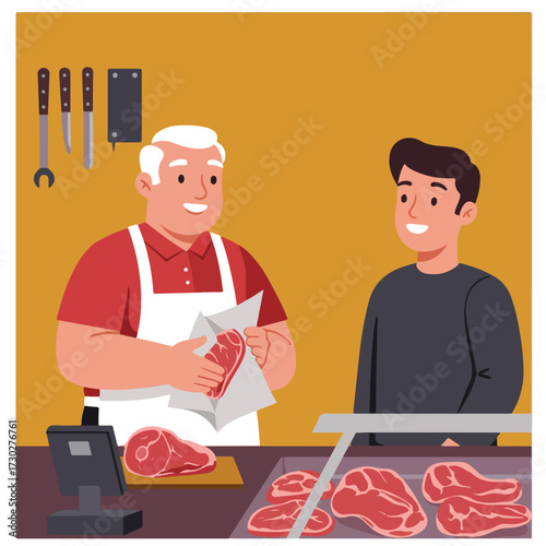 Butcher serves customer in butcher shop with knives, meat cuts and till
