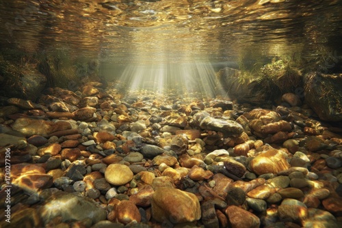 Sunlight streams through crystal-clear water, illuminating a bed of colorful river rocks, creating a serene and tranquil underwater scene.