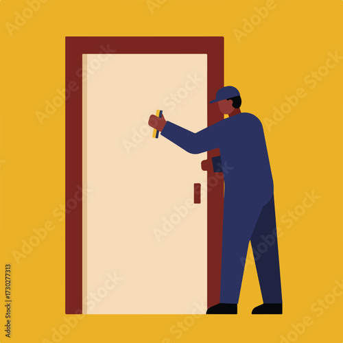 Man in blue knocks on a door with a tool, against a yellow backdrop