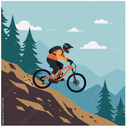 Downhill biking in the mountains with evergreen trees and bright sky
