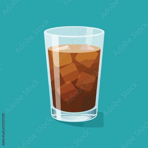 Glass of soda beverage in a glass with brown liquid, ice cubes against teal background