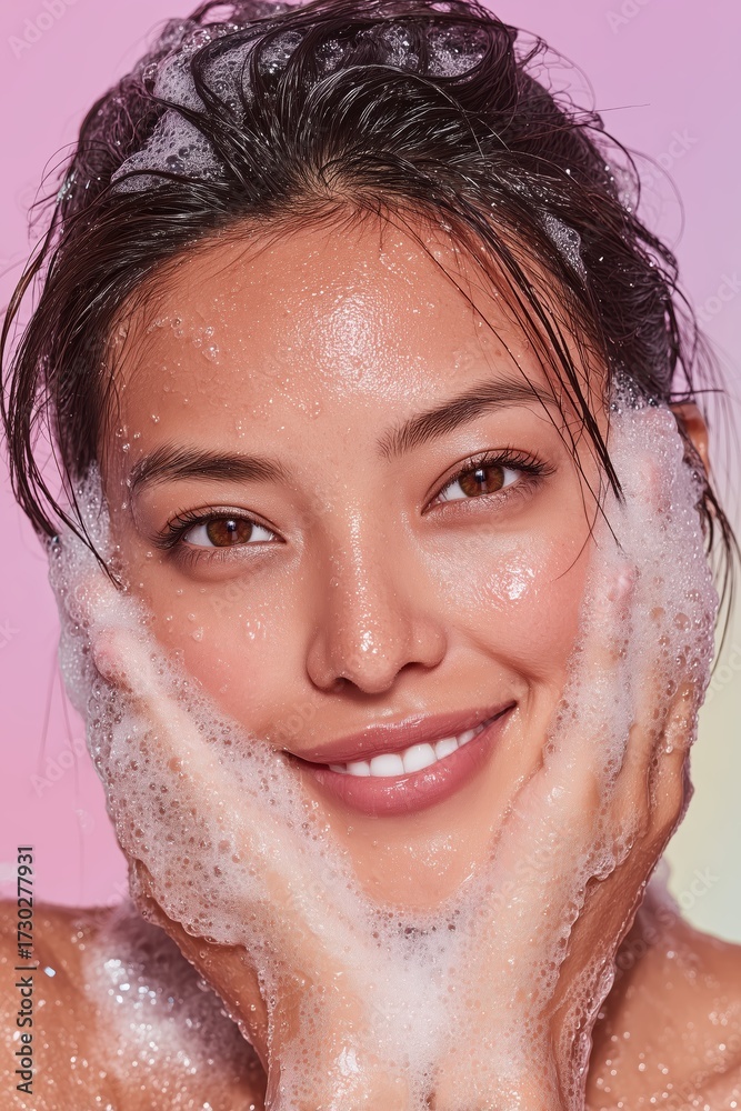 Naklejka premium Close Up Portrait of a Smiling Woman with Glitter Applied on her Face and Hands