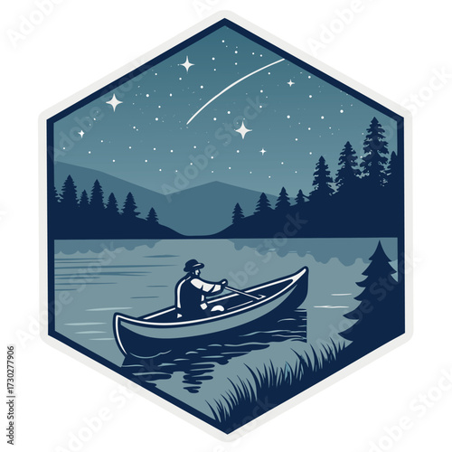 Person canoeing at night under a starry sky with a shooting star.
