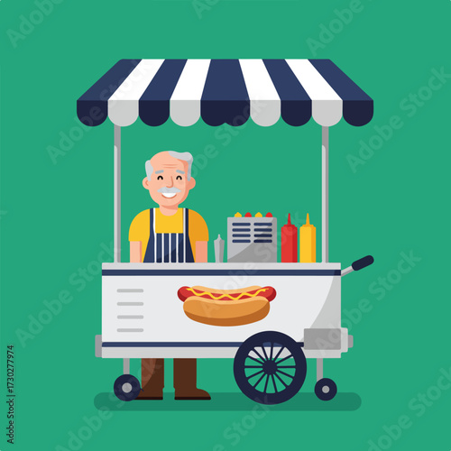 Happy vendor selling hotdogs from a cart with striped awning on a green background