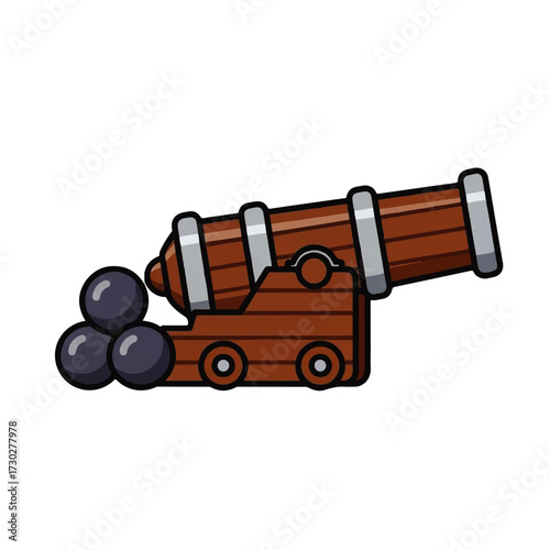 Cartoon cannon with cannonballs, a classic representation of historical artillery and naval warfare equipment, isolated on white