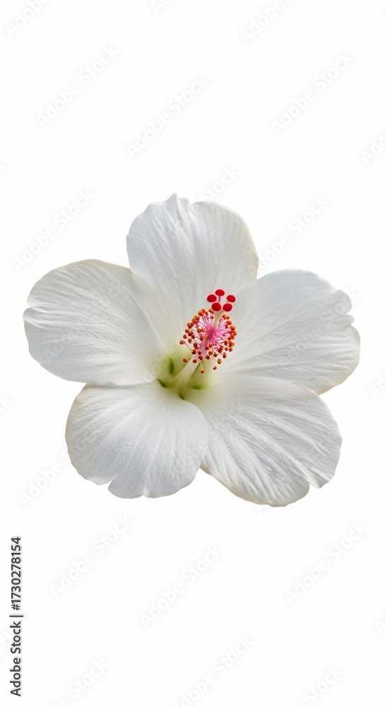 Fototapeta premium Isolated white hibiscus flower with red and pink center on a clean white background studio shot