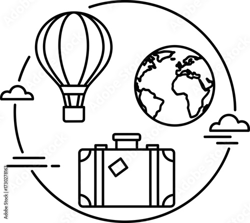 Travel and exploration concept with hot air balloon, earth globe, and suitcase. Minimalist outline style. Vector illustration for banner, poster.