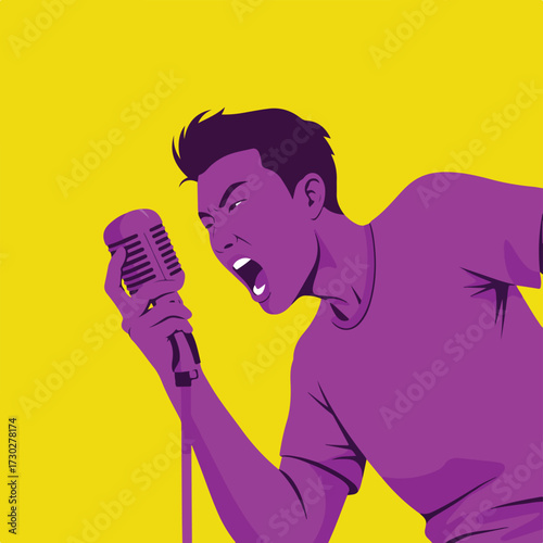 Man sings powerfully into retro microphone, purple on yellow background