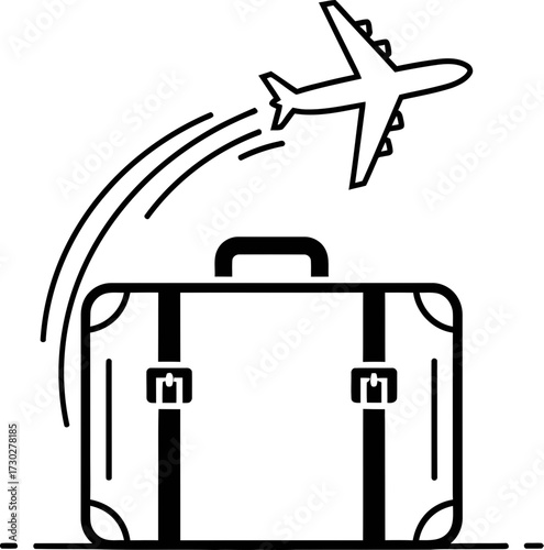 Travel and tourism icon with airplane flying over suitcase. Holiday trip. Vacation journey. Vector illustration symbol