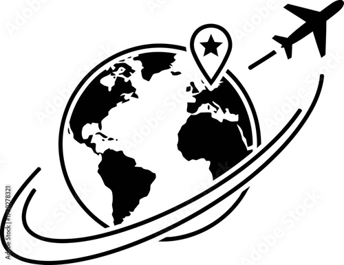 Travel illustration with airplane flying around earth globe and map pointer. Global movement concept. Vector icon for tour operator, booking, banner, website