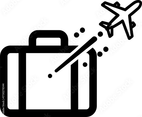 Luggage icon with an airplane flying out, representing travel and holiday concept. Vector illustration for web, app, or print design