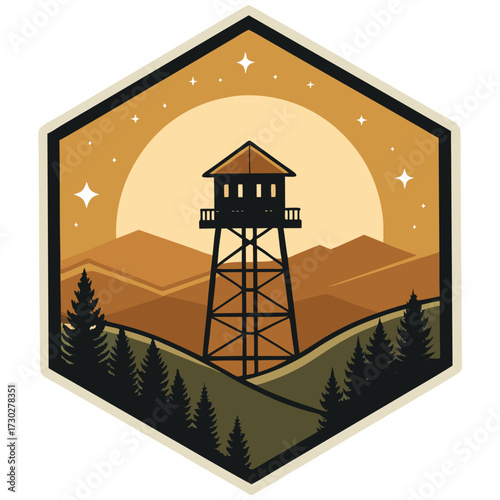 Illustration of a watchtower in a mountainous landscape at sunset.