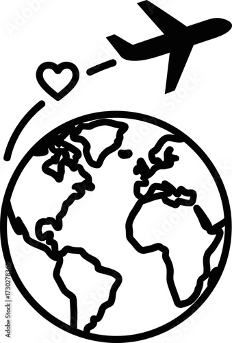 Airplane flying over globe icon, earth planet travel holiday symbol, love vacation concept. Vector illustration in outline style