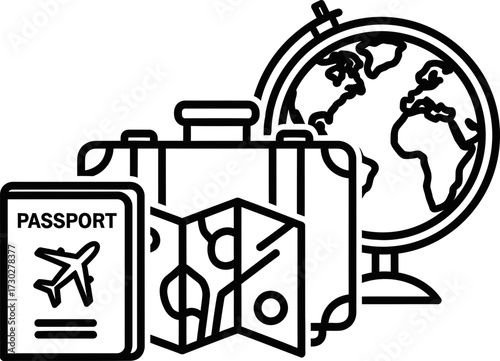 Travel concept with globe, suitcase, passport, and map. Outline icon representing adventure, journey, or vacation. Vector illustration for web