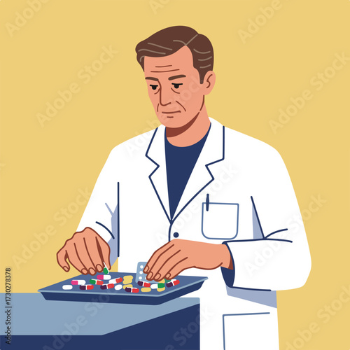 Pharmacist sorts colorful pills on a tray, wearing white coat, against yellow background