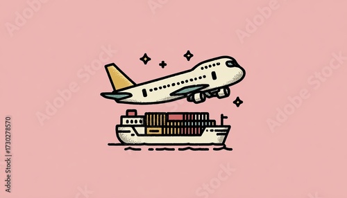 Airplane and cargo ship, stylized illustration