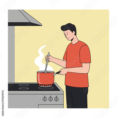 Man cooking in a kitchen, stirring a pot on the stove under a vent
