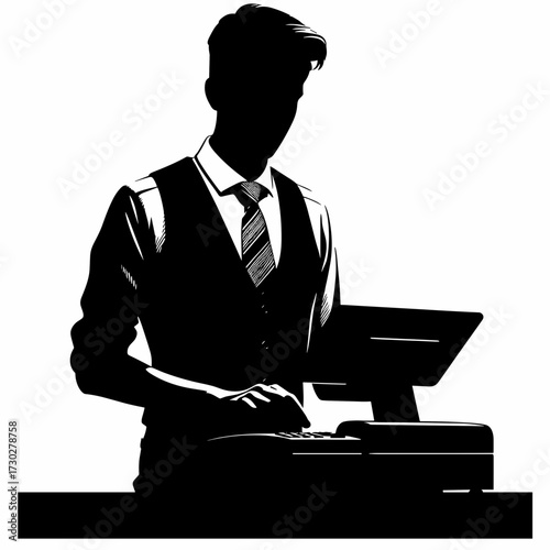 Silhouette of man in a vest working at a cash register  