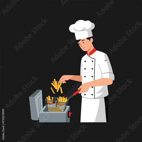 Chef fries potatoes in deep fryer