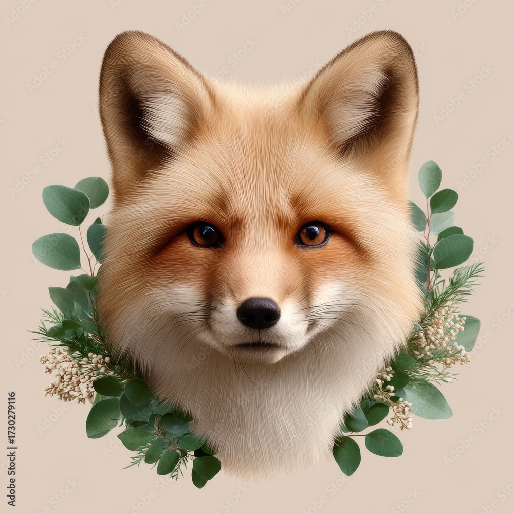 Obraz premium Realistic fox head surrounded by greenery with soft colors for a natural look