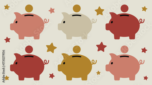 A pattern of piggy banks in various colors with coins and stars on a light background creates a playful vibe