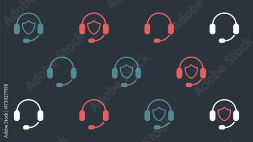 Pattern of headset icons in teal red and white on a dark background with some having a shield overlay