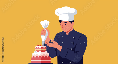 Chef decorating a tiered cake with icing on a mustard yellow background