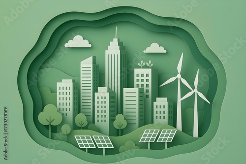 sustainable cityscape in shades of green, paper cut style