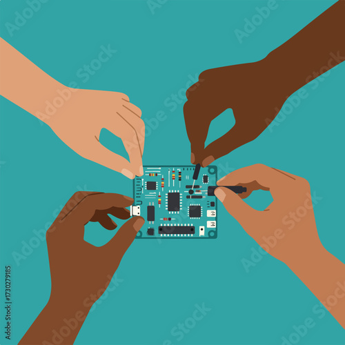 Hands manipulate circuit board against a teal background