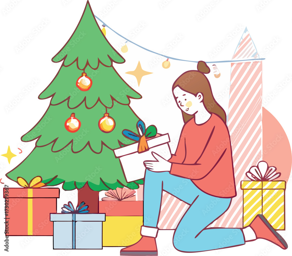 Obraz premium Vintage christmas tree with gifts christmas illustration