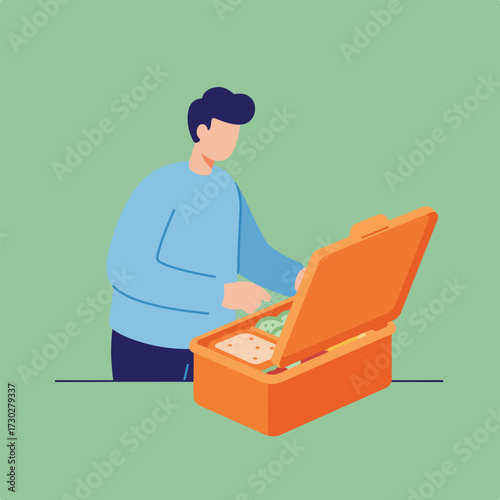 Man with lunchbox on green backdrop