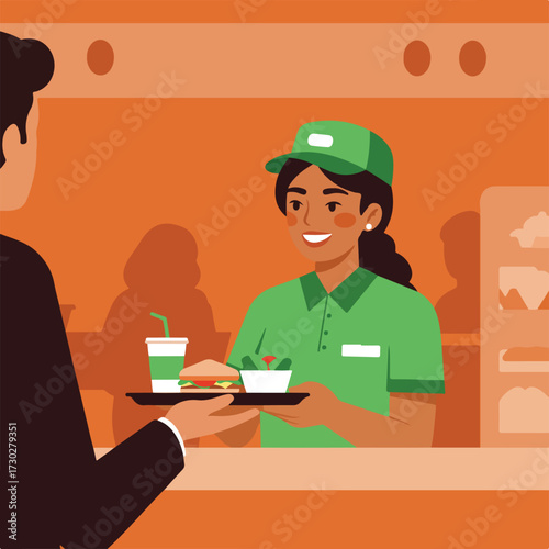 Woman in uniform serves customer fast food in front of an orange background