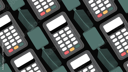 Repeating pattern of pos terminals with blank screens and card readers on a black background design