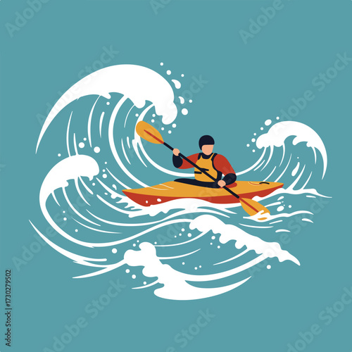 Kayaker paddling in wavy water, stylized illustration on blue background