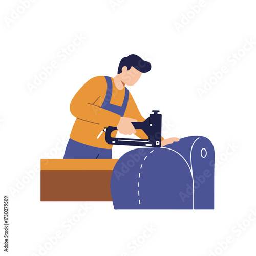 Upholsterer staples fabric to furniture frame