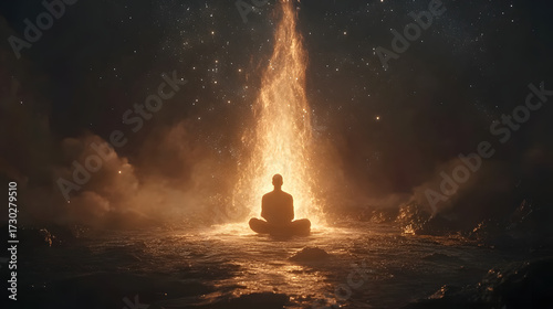 Seated person's silhouette, bathed in a warm, golden light from a celestial fire column in a dark, starry environment.  A sense of peace and introspection is evoked.