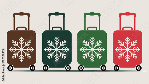 Four colorful suitcases with snowflake designs lined up on a light background in a festive holiday theme
