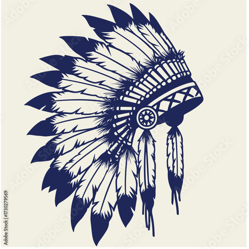 Blue headdress of indigenous American with feathers on tan background