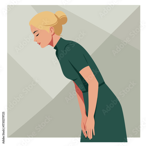 Woman bowed, in a green dress with geometrical background