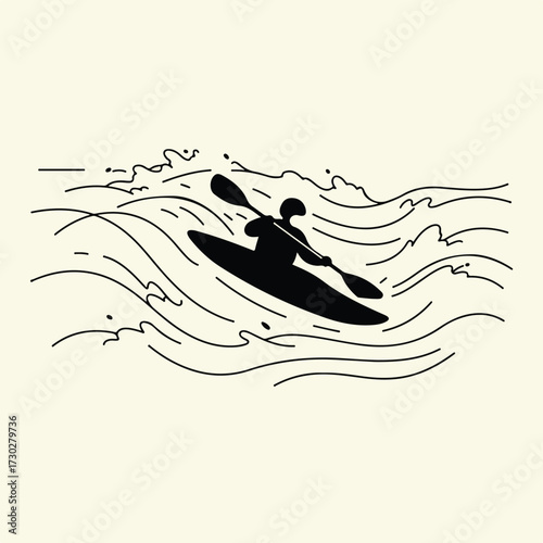 Minimalist vector silhouette of person kayaking on wavy water