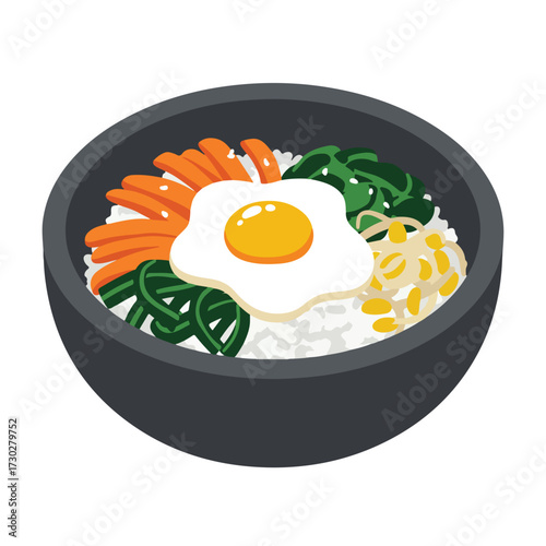 Cartoon bowl of rice with veggies and fried egg in a dark gray bowl