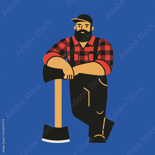 Cartoon lumberjack with axe, beard, and red-and-black plaid shirt on a blue background