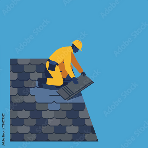 Worker repairing roof tiles on a building against blue background