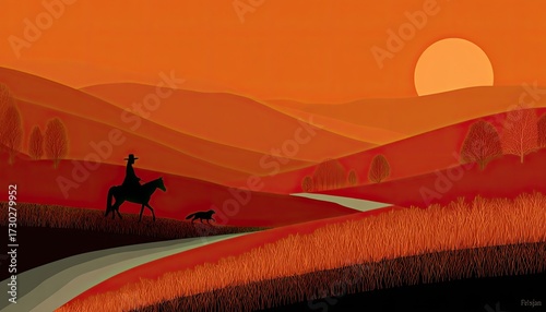 Silhouetted rider and dog in sunset landscape