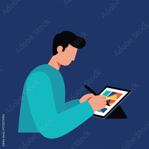 Figure drawing on tablet, digital design on dark background