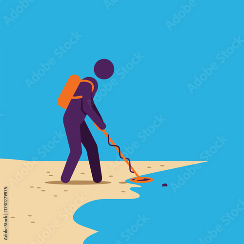 Abstract person uses metal detector on beach, blue sky
