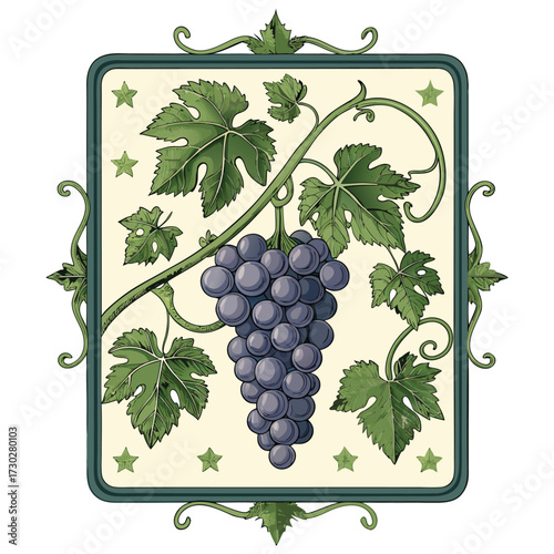 A decorative frame featuring a bunch of dark grapes and green leaves.